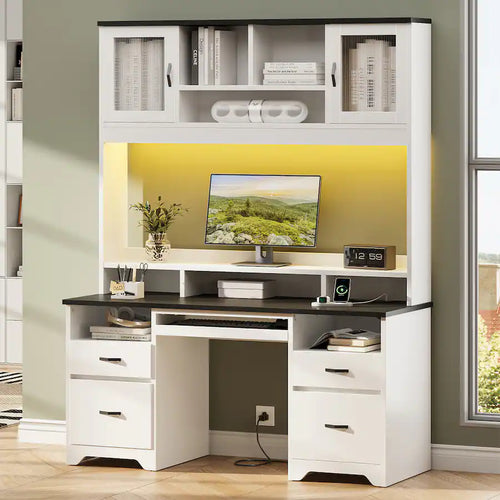 Bestier - 59-inch Computer Desk with Hutch, Charging Station, Fluted Storage Cabinet and Keyboard Tray - White