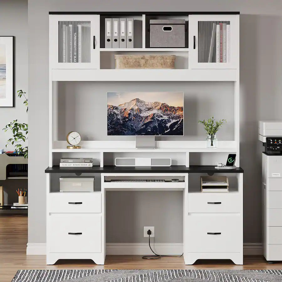 Bestier - 59-inch Computer Desk with Hutch, Charging Station, Fluted Storage Cabinet and Keyboard Tray - White