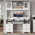 Bestier - 59-inch Computer Desk with Hutch, Charging Station, Fluted Storage Cabinet and Keyboard Tray - White