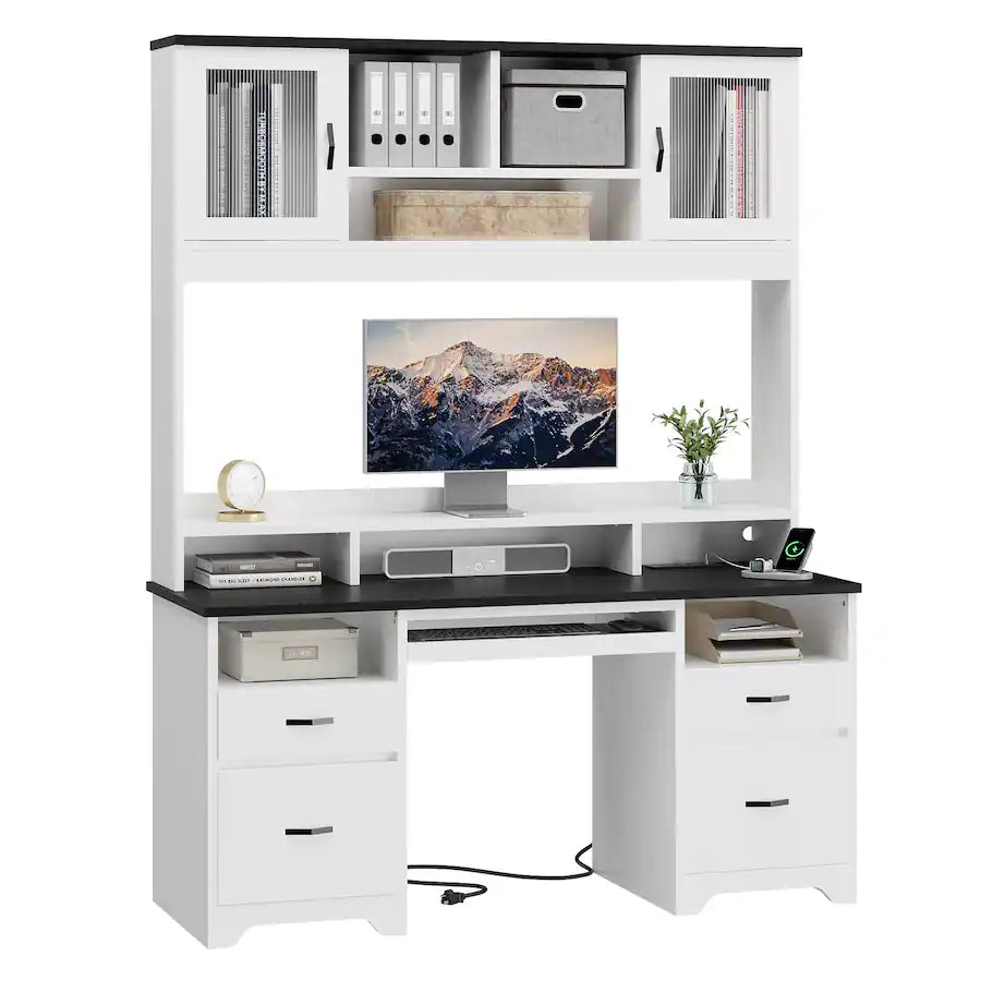 Bestier - 59-inch Computer Desk with Hutch, Charging Station, Fluted Storage Cabinet and Keyboard Tray - White