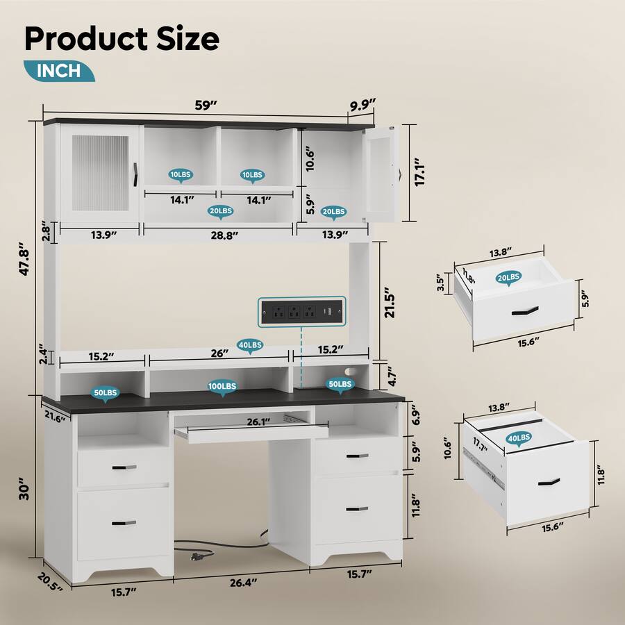 Bestier - 59-inch Computer Desk with Hutch, Charging Station, Fluted Storage Cabinet and Keyboard Tray - White